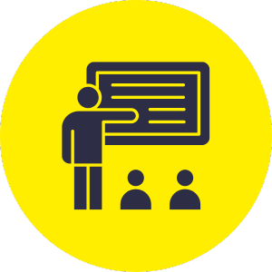 Icon mit 3 Personen, einem Tutor vor einer Leinwand und 2 Zuhörern